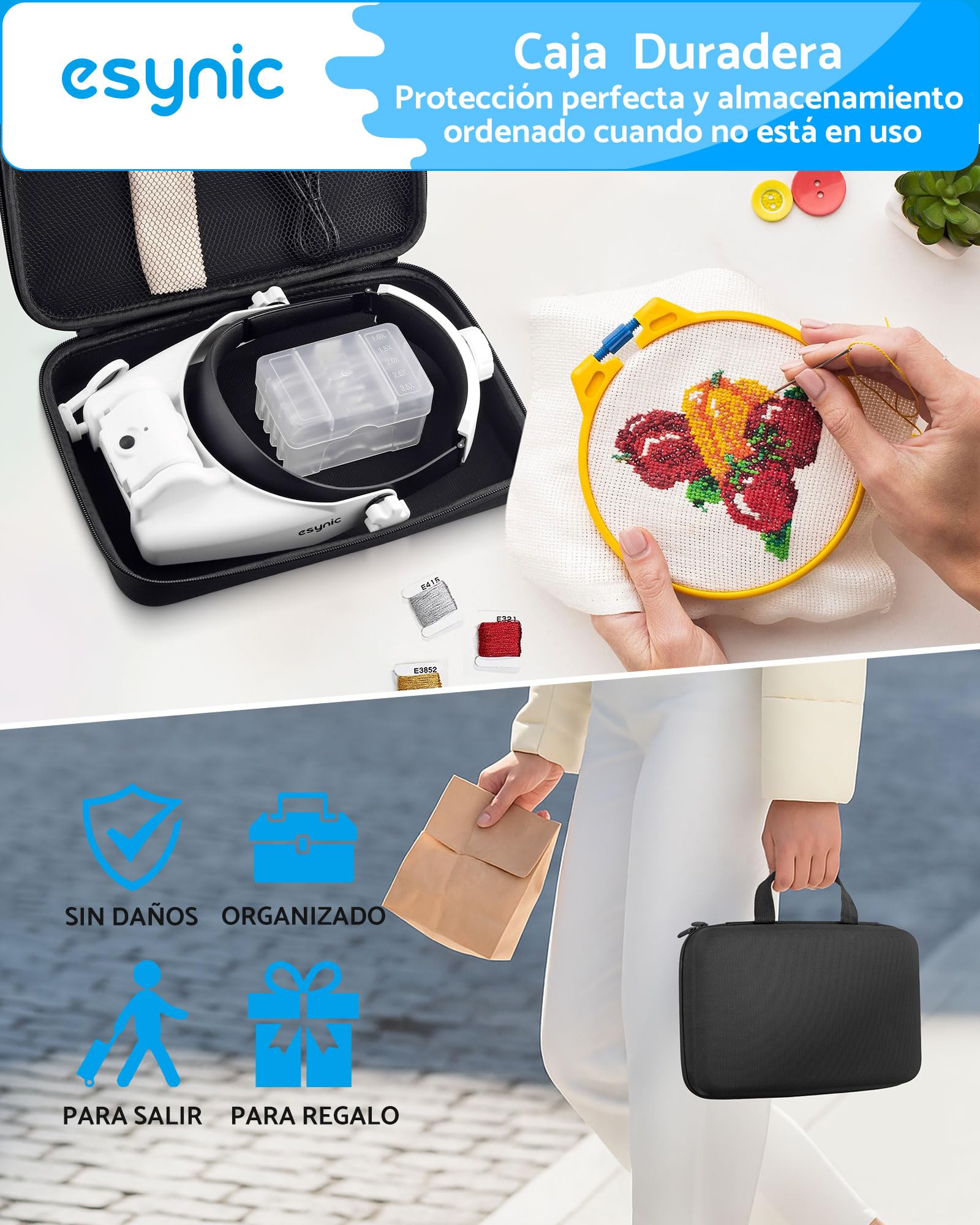 eSynic Gafas de Lupa Recargable con 3 LED, Lupa de Gran Aumento 1X a 14X con Ajuste de Brillo y 5 Lentes Desmontables (1.0X,1.5X,2.0X,2.5X,3.5X) para Manualidades,Leer,Coser,Reparación