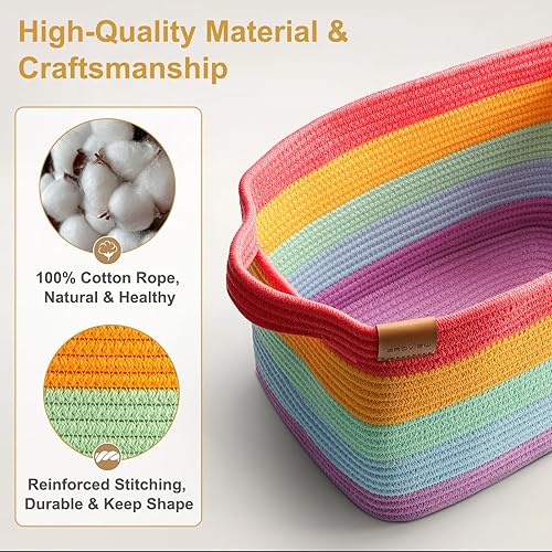Miniatura 3 de BROVIEW L1 - Cestas de almacenamiento de arcoíris, contenedores de almacenamiento de juguetes para bebé, cesta tejida de cuerda para estantes, cesta