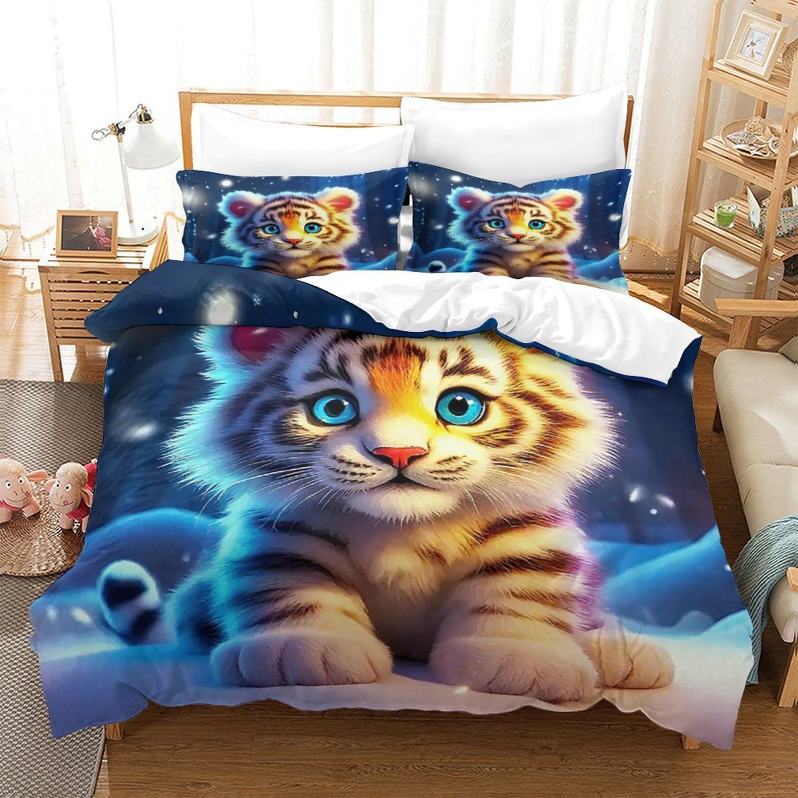 Housse de couette tigre 3D 220x240cm avec fermeture éclair et taies d'oreillers pour enfants