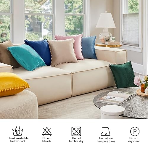 Vista 173 de Deconovo Juego de 2 fundas de almohada de terciopelo, 20 x 20 pulgadas, color verde azulado, cuadradas, con pompones, suaves, con cremallera