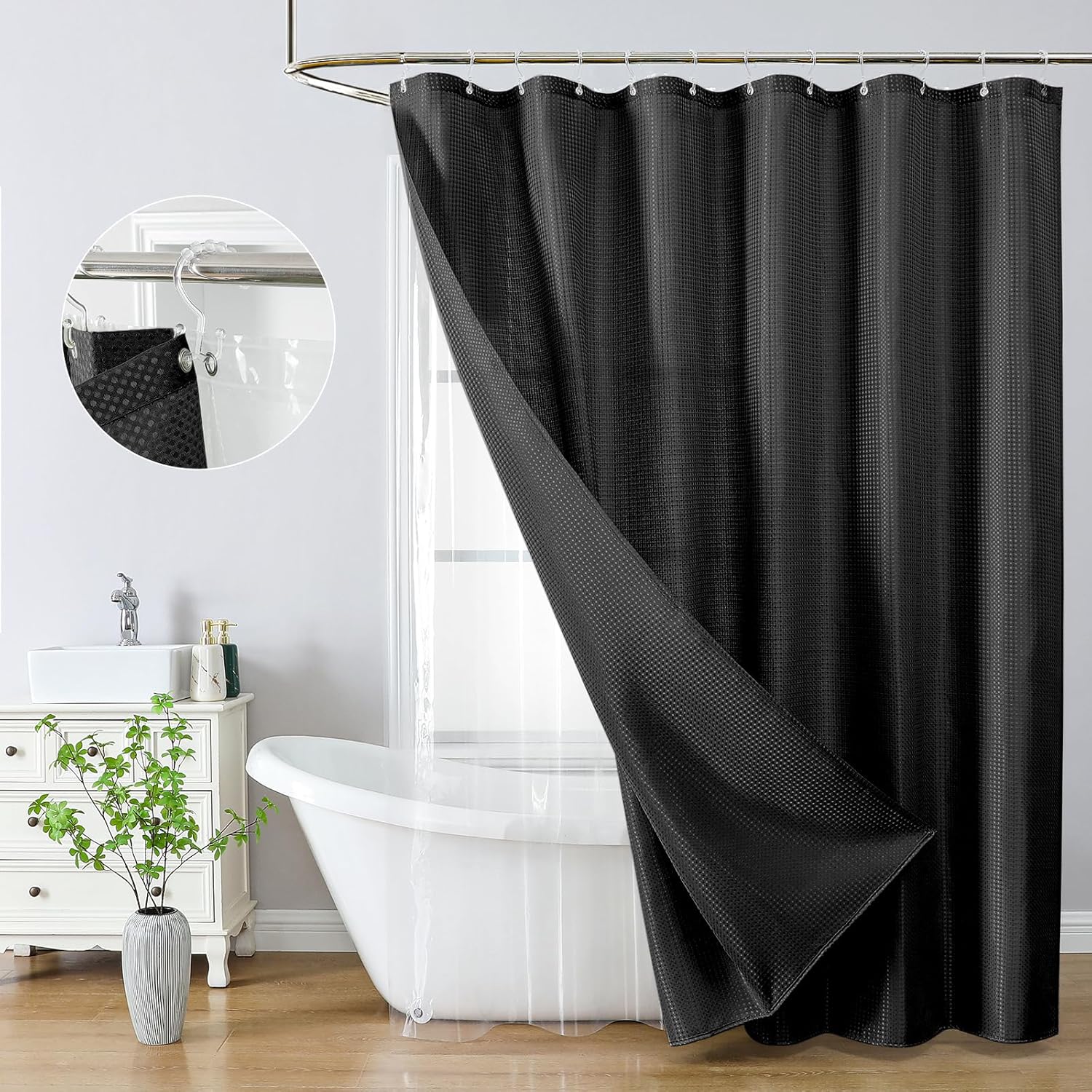 QiyI 3 in 1 Shower Curtain Set, Black Waffle Shower Curtain and Liner Set with 12 Double Shower Curtain Hooks, Waterproof Fabric Hotel Bathroom Curtain with PEVA Liner & Clear Plastic Rings, 72 x 78