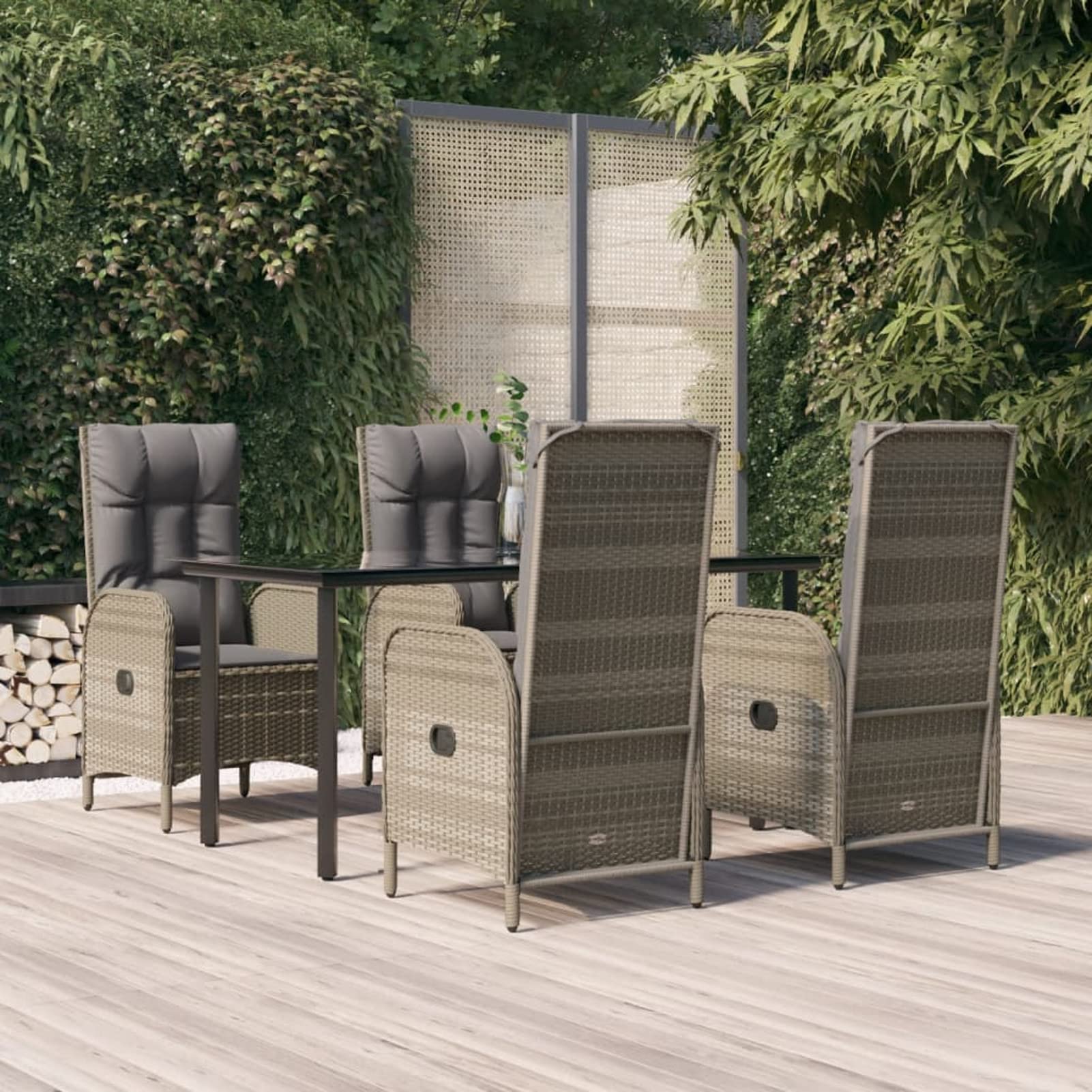 3185201 Set da Pranzo Giardino 5pz Nero e Grigio con Cuscini Polyrattan Testata in Legno,Testata Letto Matrimoniale Muebles Dormitorio Spalliera Letto Testiere per Letto Matrimoniale