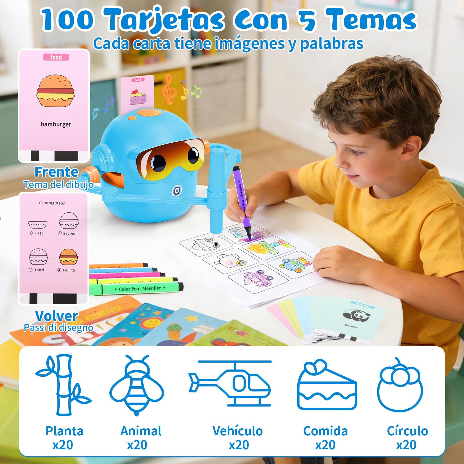 Charmofun Robot de Dibujo para Niños, Drawing Robot con 100 Tarjetas, Robots Inteligente Juguete Recargable, Juguete Educativo Interactivo con Voz para Niños y Niñas a Partir de 3 Años (Azul-2)