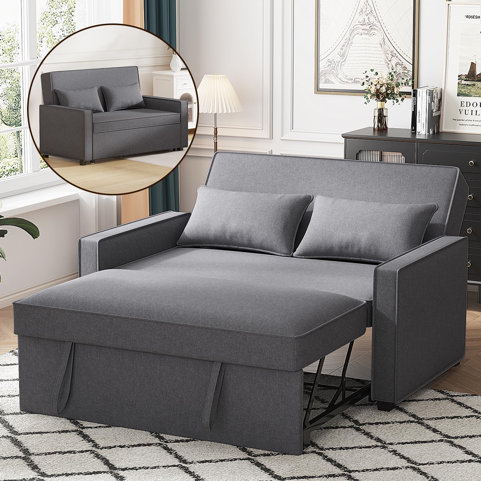 Furnimart Convertible Sleeper Sofa Bed, 53 Inches 3-in-1 Futon Sofa Bed, Loveseat Sofa Bed for Living Room, Pull Out Couch Bed with Adjustable Backrest and Pillows, Small Sofa Bed for Small Place