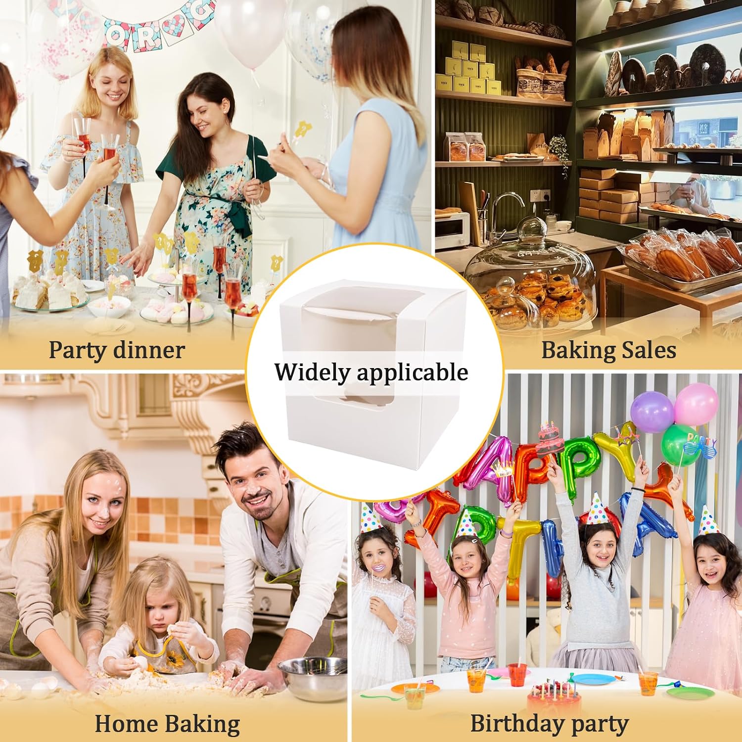 25 Pack Cupcake Boxes, White Paper Containers with Transparent Window and Built-in Dividers, Foldable 3.5"x3.5"x3.5" Cake Holders for Wedding and Party Favorsb