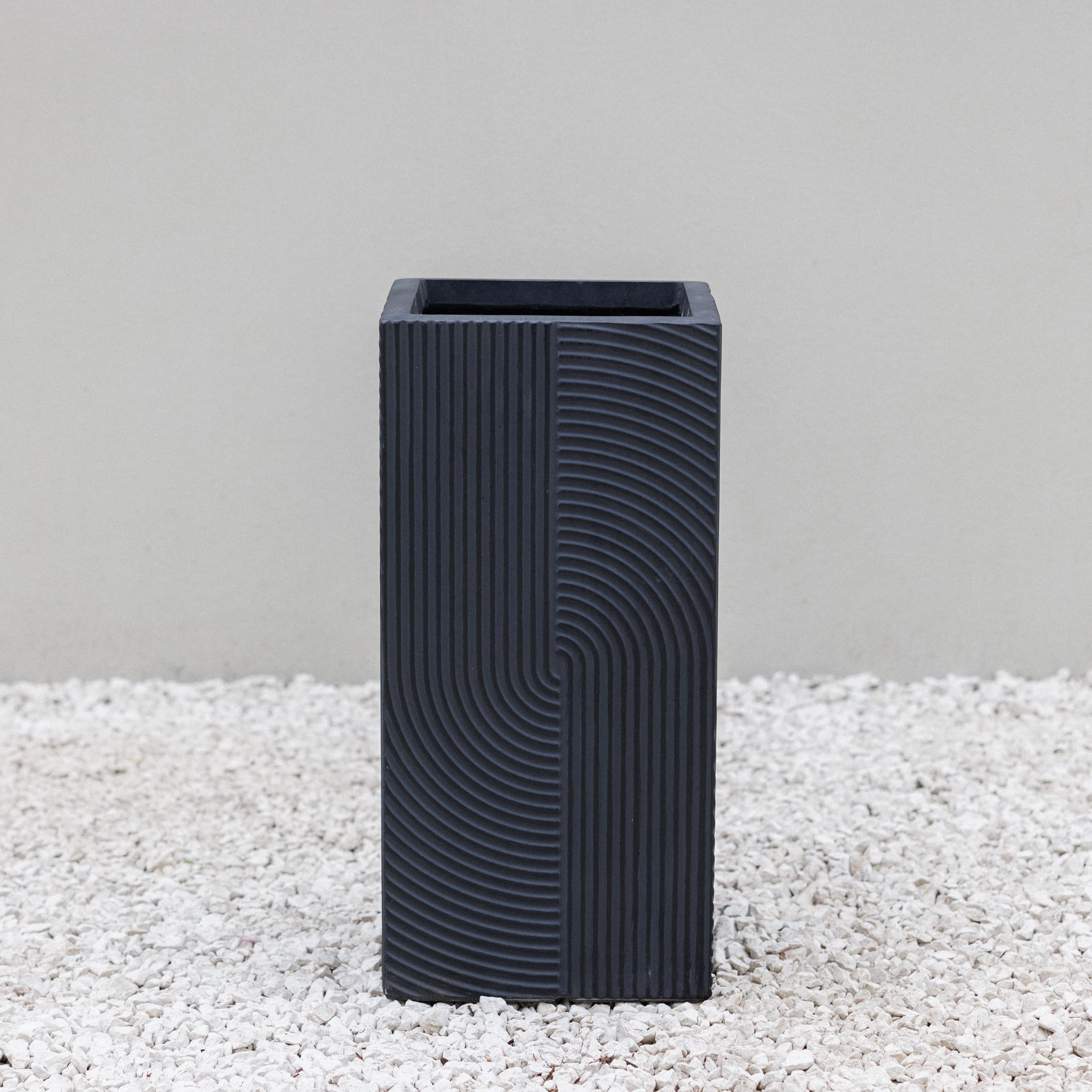 Primrose Black Ribbed Swirl Design Tall Square Outdoor Planter In 59Cm