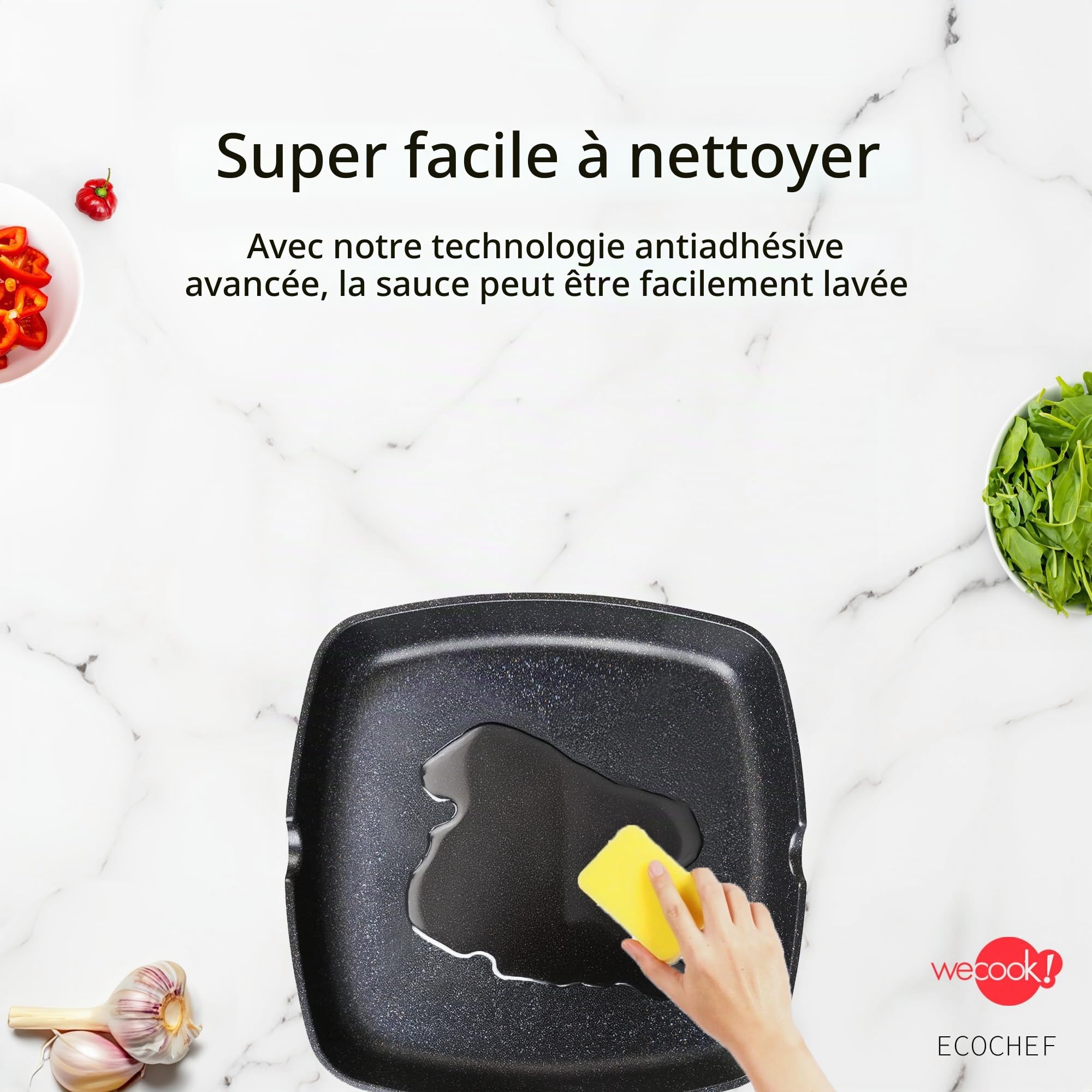 WECOOK! Ecochef Titane Poêle à Griller Induction Lisse, 28x28cm, Antiadhésive QUANTANIUM Écologique sans PFOA, Fonte d'Aluminium, Épaisseur 5 mm, Poignée en Bois Pliable, Vitrocéramique, Gaz