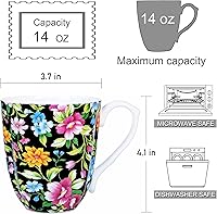 Vista 2 de Taza floral de porcelana de hueso de 14 onzas, taza de café floral para mujeres y hombres, taza de té de café de porcelana de hueso con asa cómoda