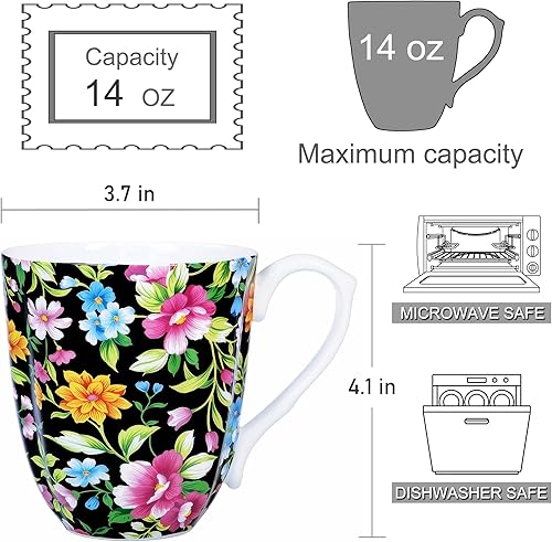 Miniatura 2 de Taza floral de porcelana de hueso de 14 onzas Taza de café floral Novetly para mujeres y hombres, taza de té de café ligera de hueso con asa