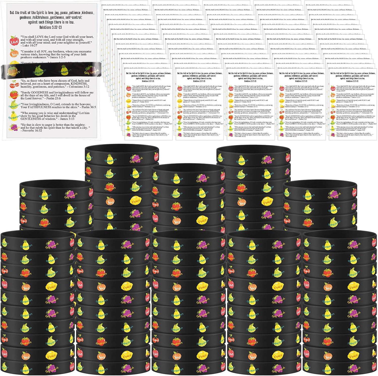 Landical 100 Sets Christian Bracelets Gifts Bulk Fruit of The Spirit Bracelets Fruit Cards Bible verse Bookmarks Inspirational Religious Silicone Wristbands for Church Coworker Friends Women Adults