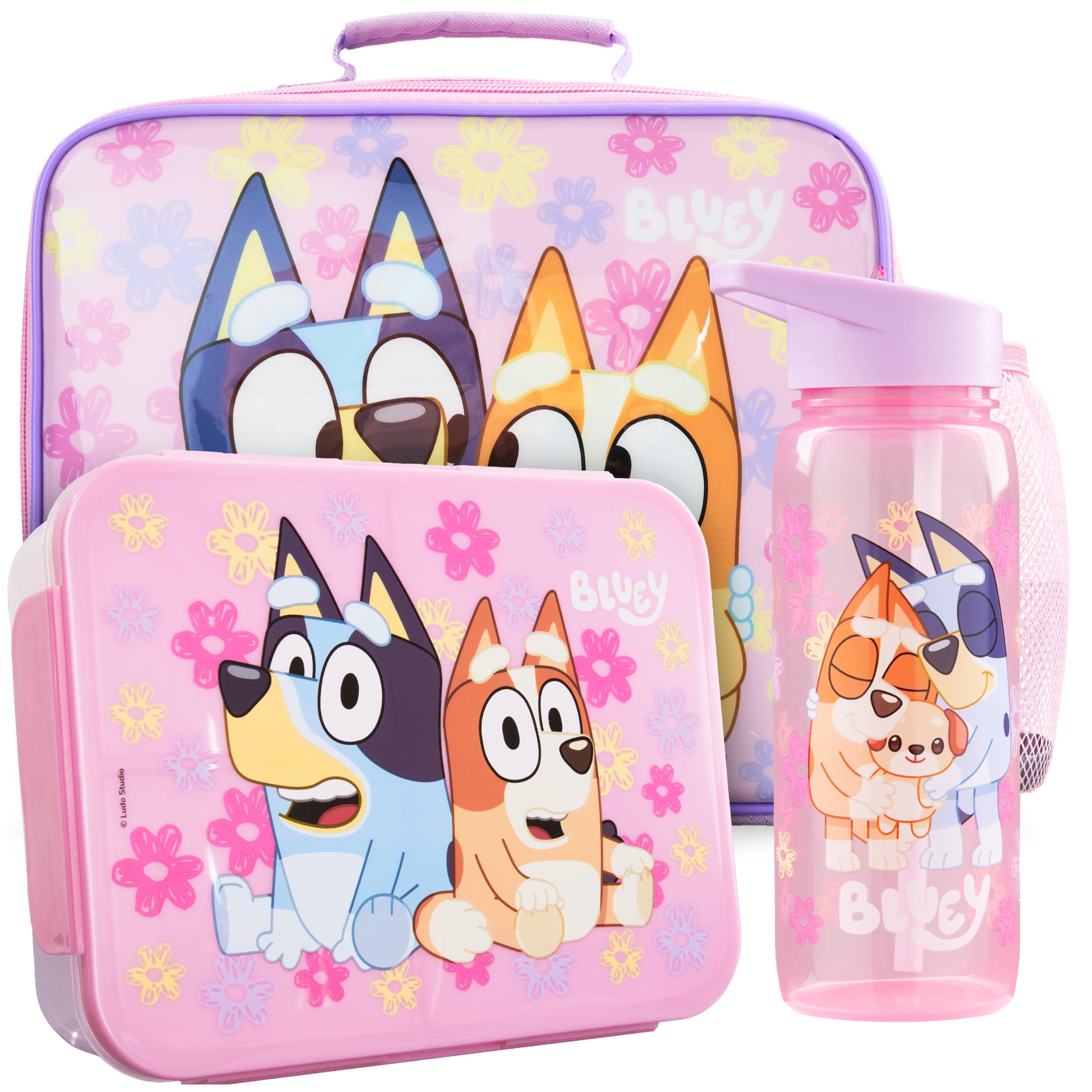 Get Trend Bluey Kids Insulated Lunch Bag Set, 3Pc Bento Lunch Box, 640ml BPA-Free Water Bottle & Food Carrier for School, Travel, Picnic, Girls Gifts (Pink/Multi Bluey)