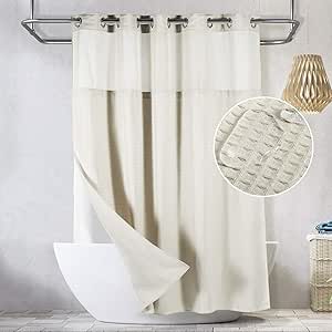 Lagute SnapHook Waffle Weave Shower Curtain, Hook Free, See-Through Top, 71x78 in, Cream