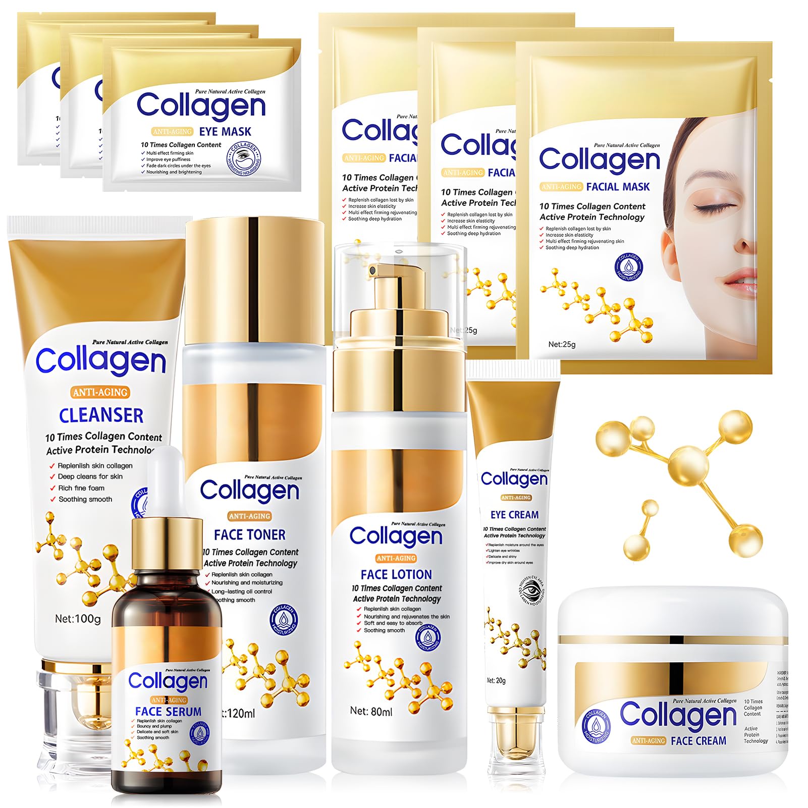 12PCS Collagène Coffret Soin Femme, Coffrets de Soins pour la Peau, coffret skincare Inclure Collagene Masque, Creme, Serum, Creme Yeux, Tonique, Atténue les Ridules, Hydrate et Nourrit la Peau