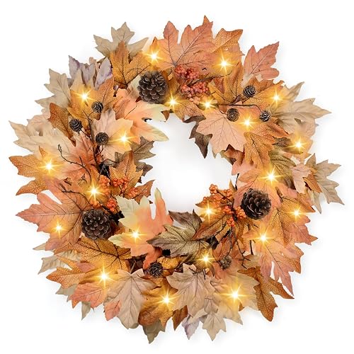 22 Inch Fall Wreaths for Front Door Outside Timer Function