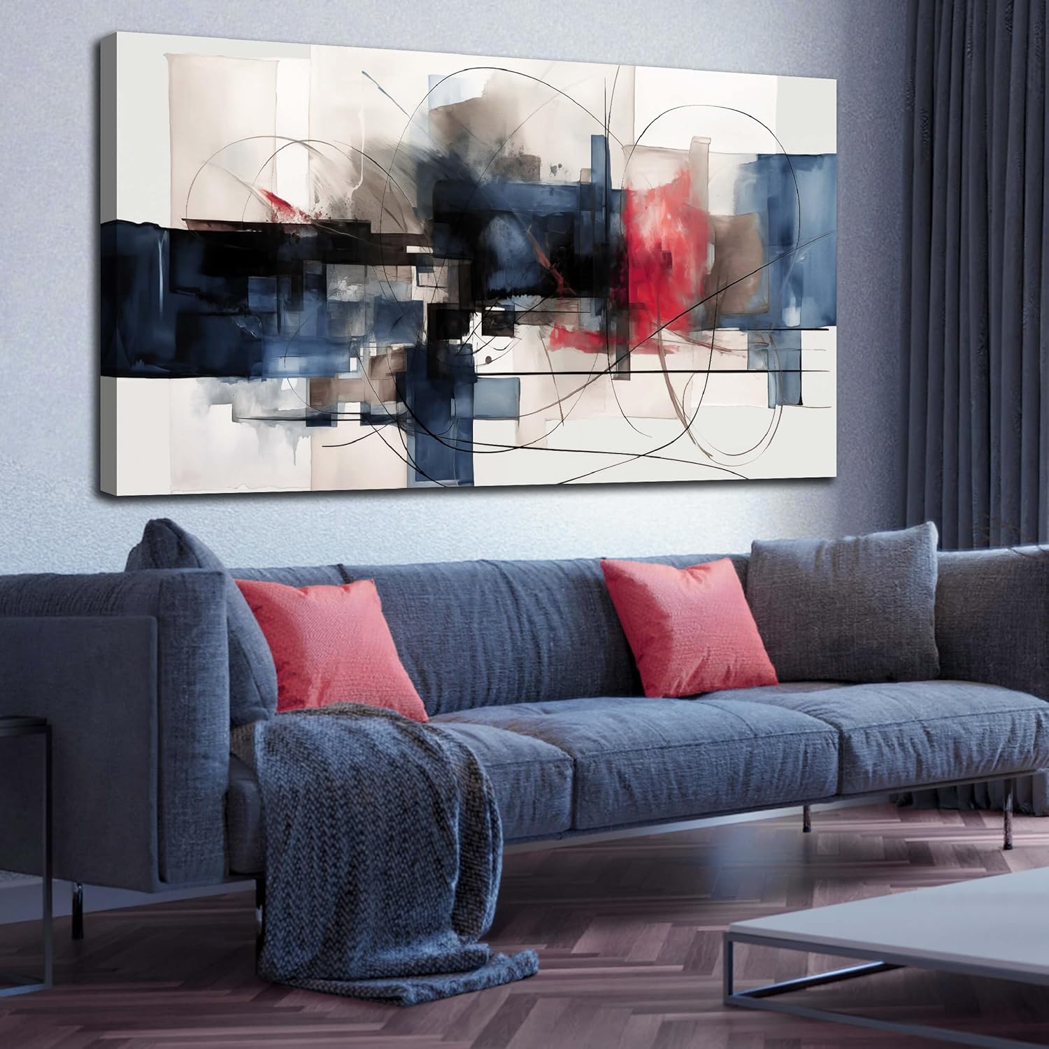 Fuwobriva Abstract Canvas Wall Art for Living Room Bedroom Office Large Wall Art Decor Abstract Wall Art Modern Black Red and Blue Geometry Painting Artwork 24"x48"