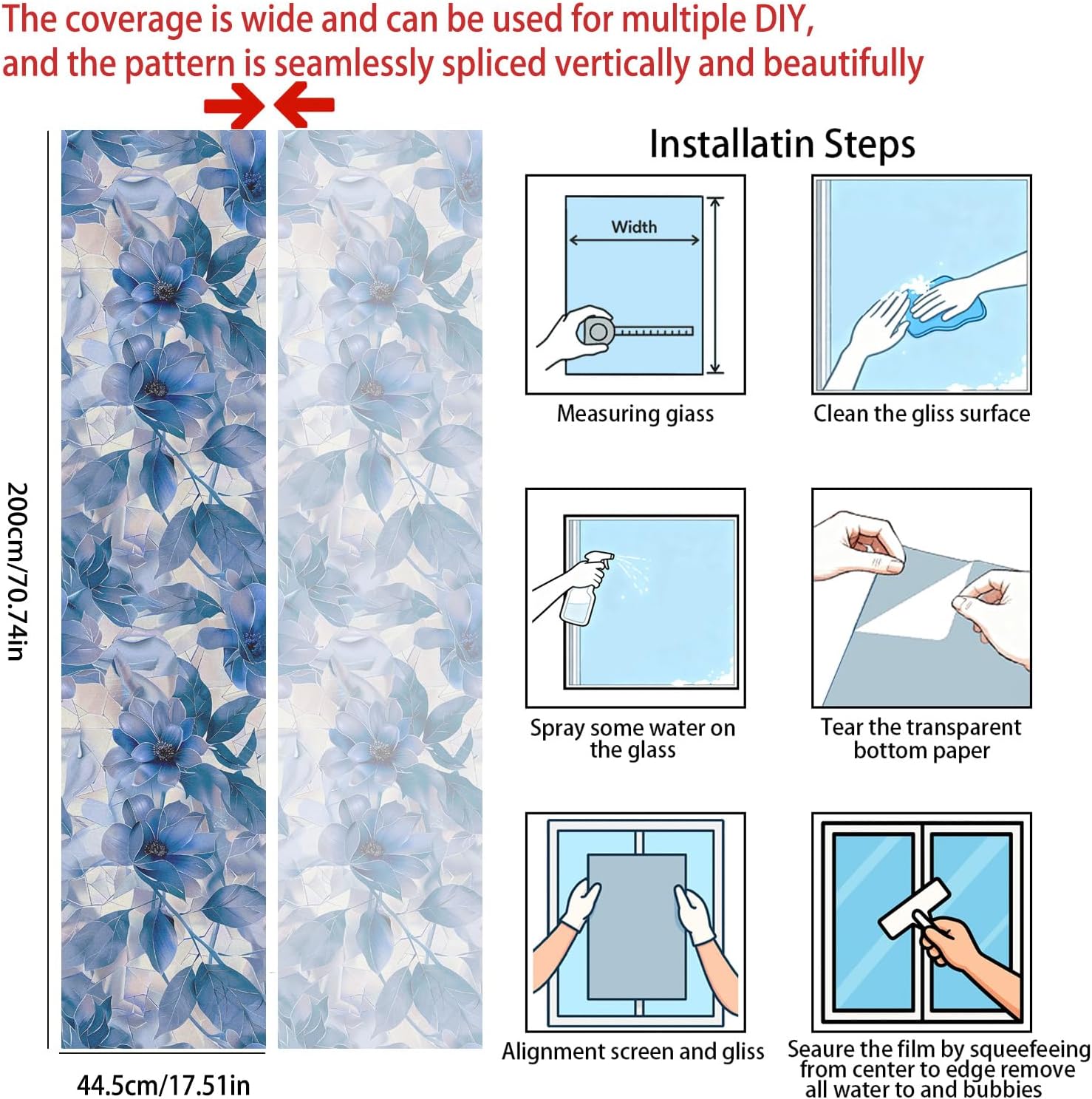 Blue Floral Privacy Window Film 17.5x78.7in Static Cling Frosted Glass Door Cover for Patio Door Bathroom Window Bedroom