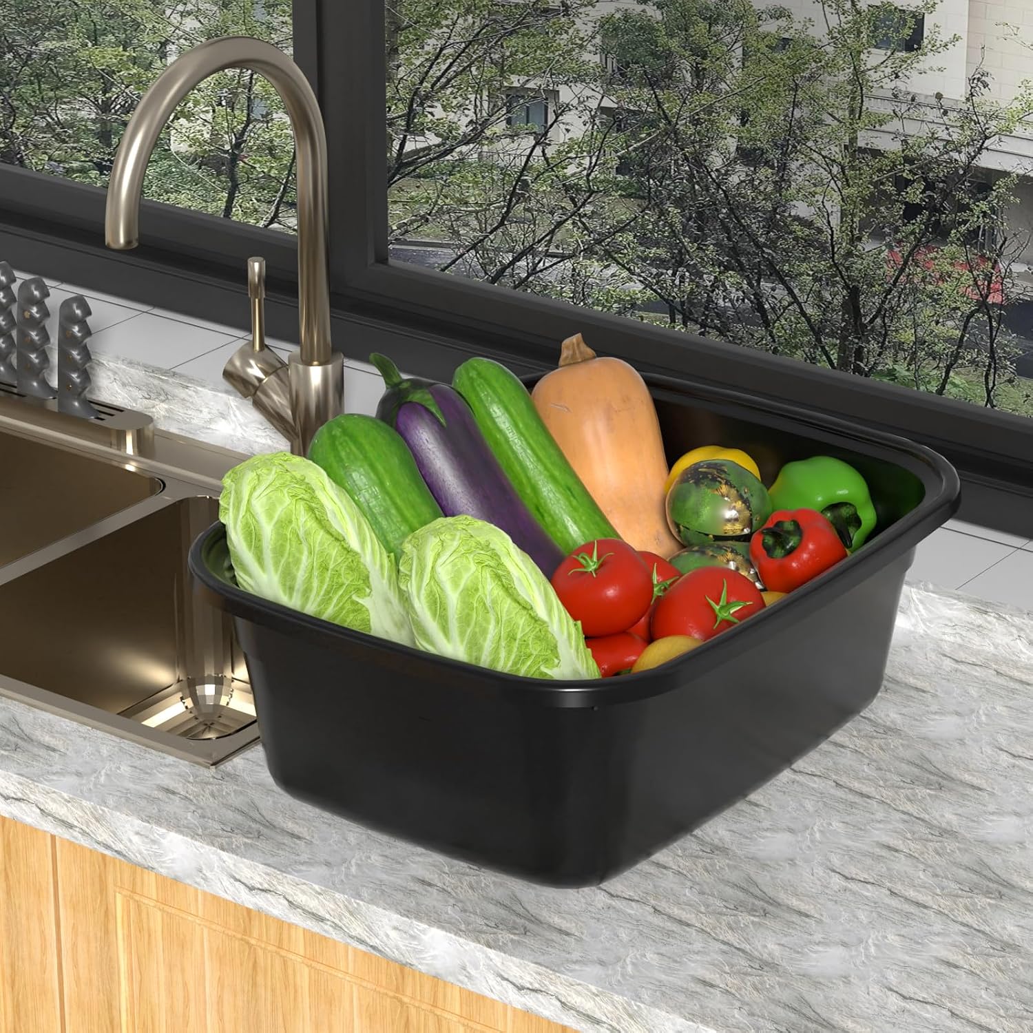 16 Quart Black Plastic Dish Pan, Kitchen Sink Wash Basin, 4-Pack