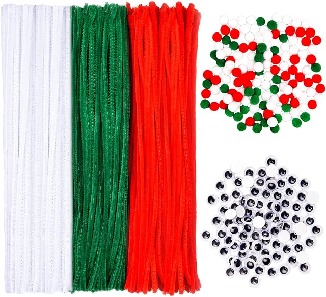 Lezevn 750 Pcs Christmas Pipe Cleaners Set 150 Pcs Red Green White Pipe Cleaners Chenille Stems, 300 Pieces Pom Poms, 300 Pieces Google Eyes for DIY Art Craft