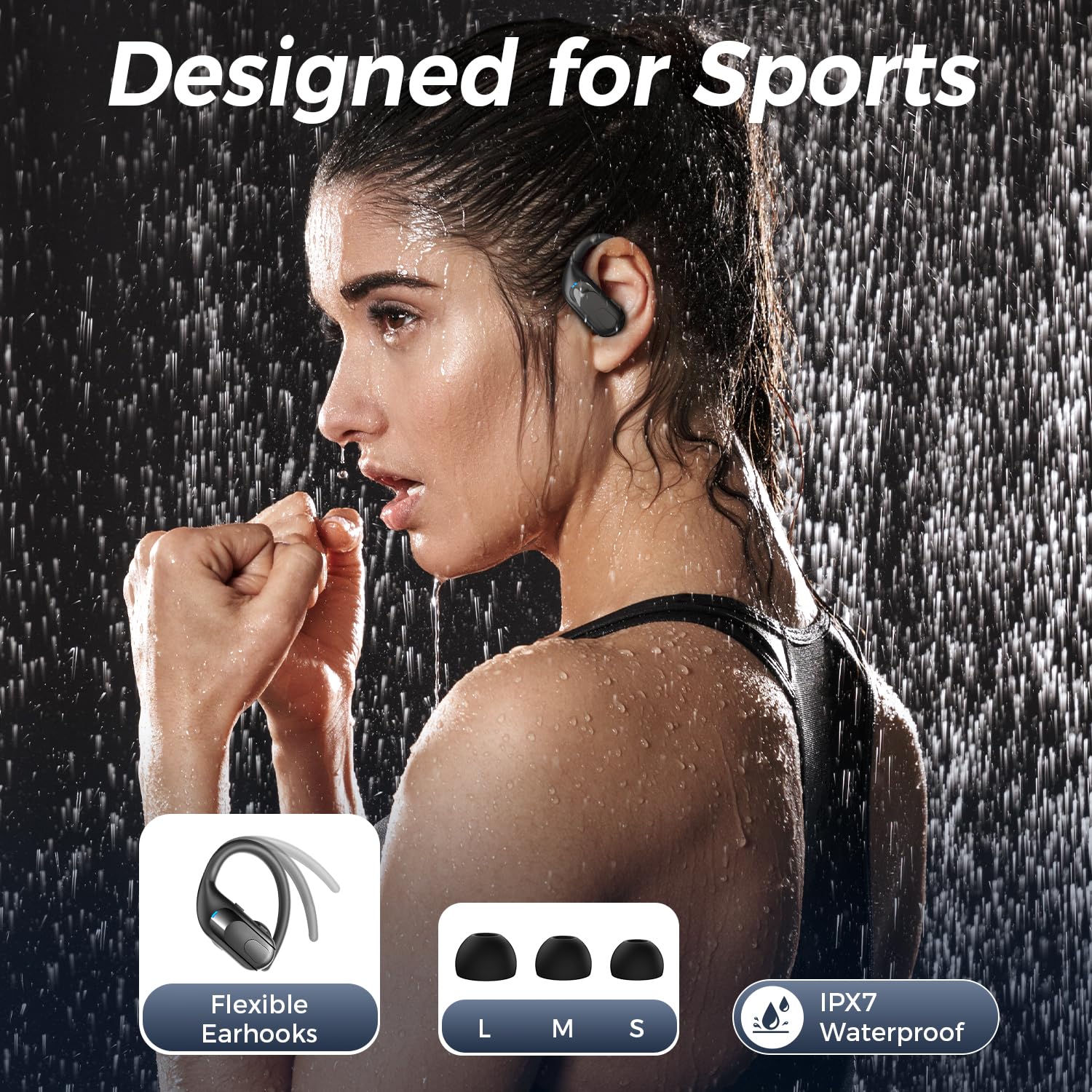 Cuffie Bluetooth 5.3 Auricolari senza fili 130 ore di autonomia Ricarica senza fili Auricolari IPX7 Impermeabili con ganci per orecchie Display a LED per lo sport e la corsa