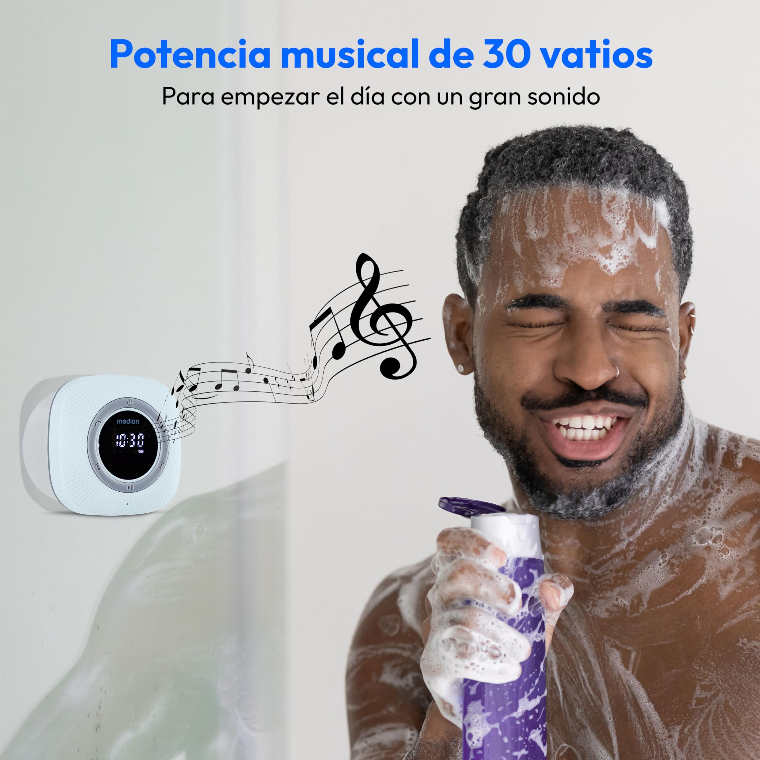 MEDION P66096 Radio de Ducha con Bluetooth (Radio de baño, Radio FM, Ventosa, Pantalla LED, Impermeable IPX6, batería Recargable integrada, MD43884) Azul