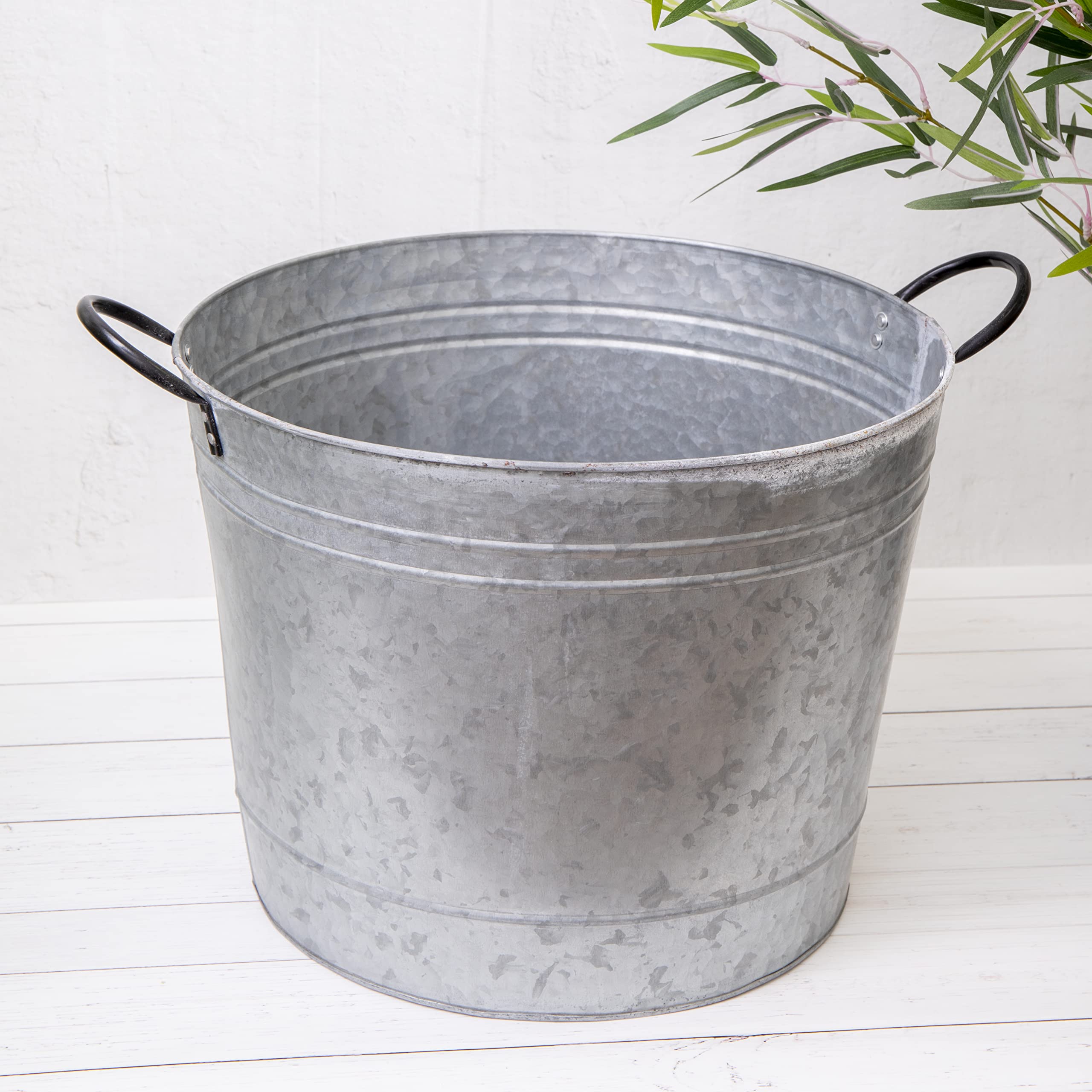 Annibells Large Aged Round Galvanised Metal Zinc Galvanised Bucket Pan Garden Planter SV
