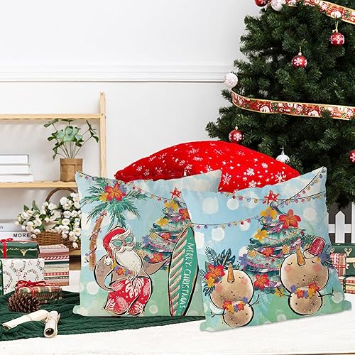 Miniatura 2 de GAGEC Juego de 2 fundas de almohada navideñas de 18 x 18 pulgadas, fundas de almohada de Papá Noel costero, muñeco de nieve, fundas de almohada de