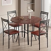 VECELO 5-Piece Round Dining Table Set for 4 with Wood Grain Top & Upholstered Chairs, Dark Brown for Kitchen Small Spaces