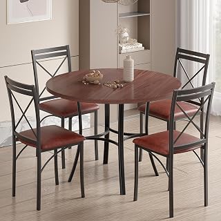 VECELO 5-Piece Round Dining Table Set for 4 with Wood Grain Top & Upholstered Chairs, Dark Brown for Kitchen Small Spaces