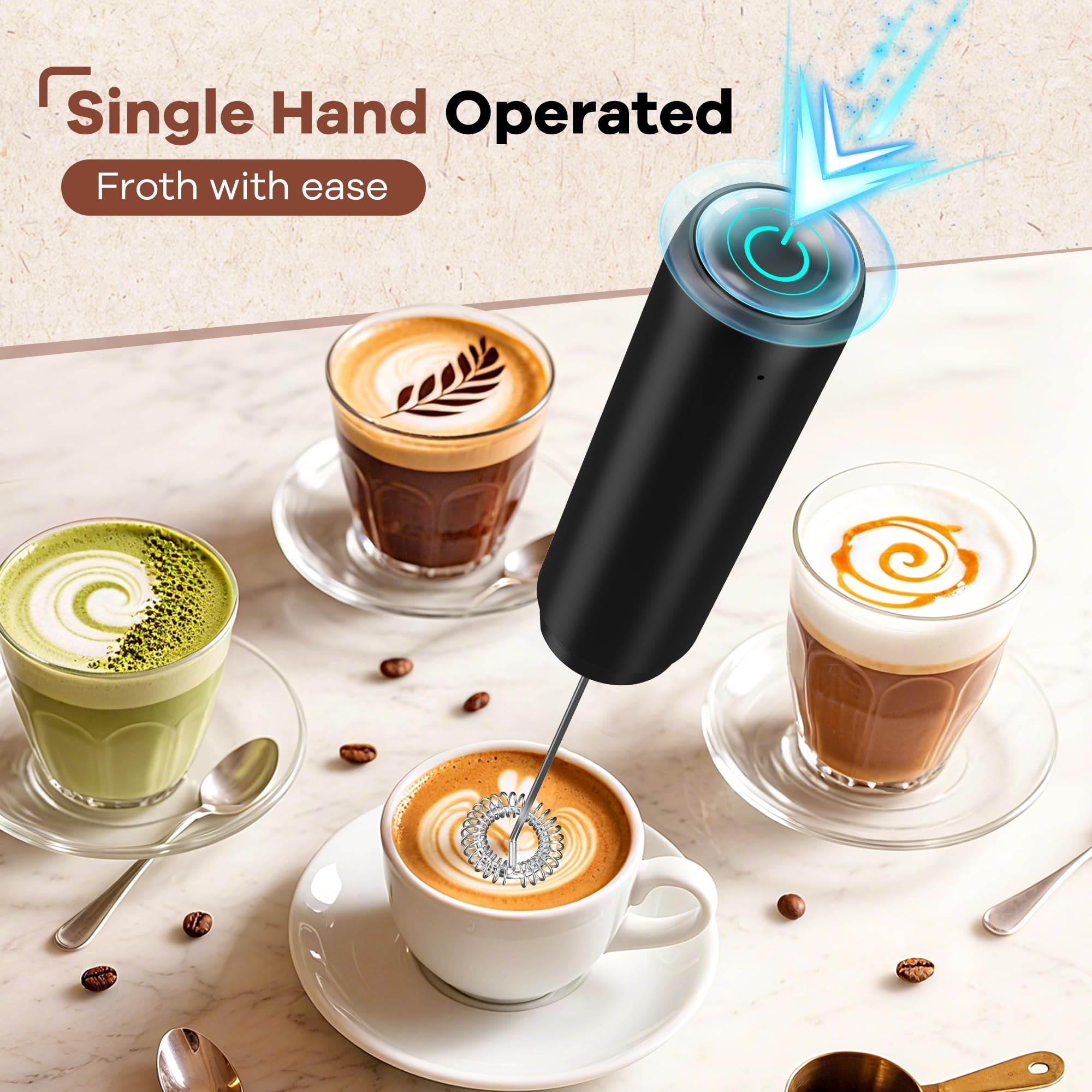 Rechargeable Milk Frother, Handheld Coffee Frother Wand Drink Mixer with Cover, Electric Whisk Coffee Mixer for Matcha Lattes Cappuccino Hot Chocolate - 5