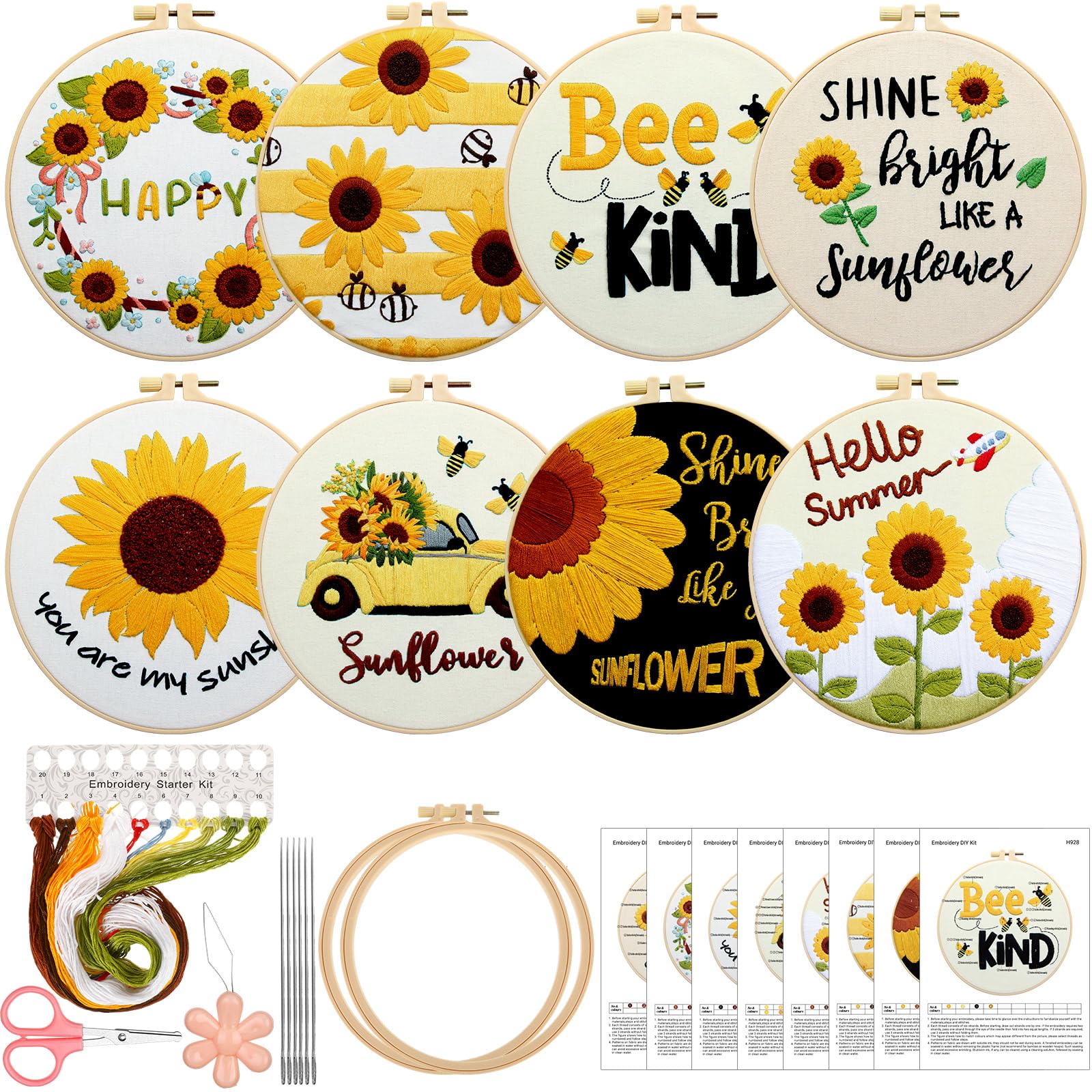 Riceshoot 8 Set Sunflower Embroidery Kit for Beginner Adults Cross Kit with Patterns Instructions, Embroidery Cloth, Embroidery Hoops, Threads, Needles, Needle Threaders, Thread Remover, Scissors