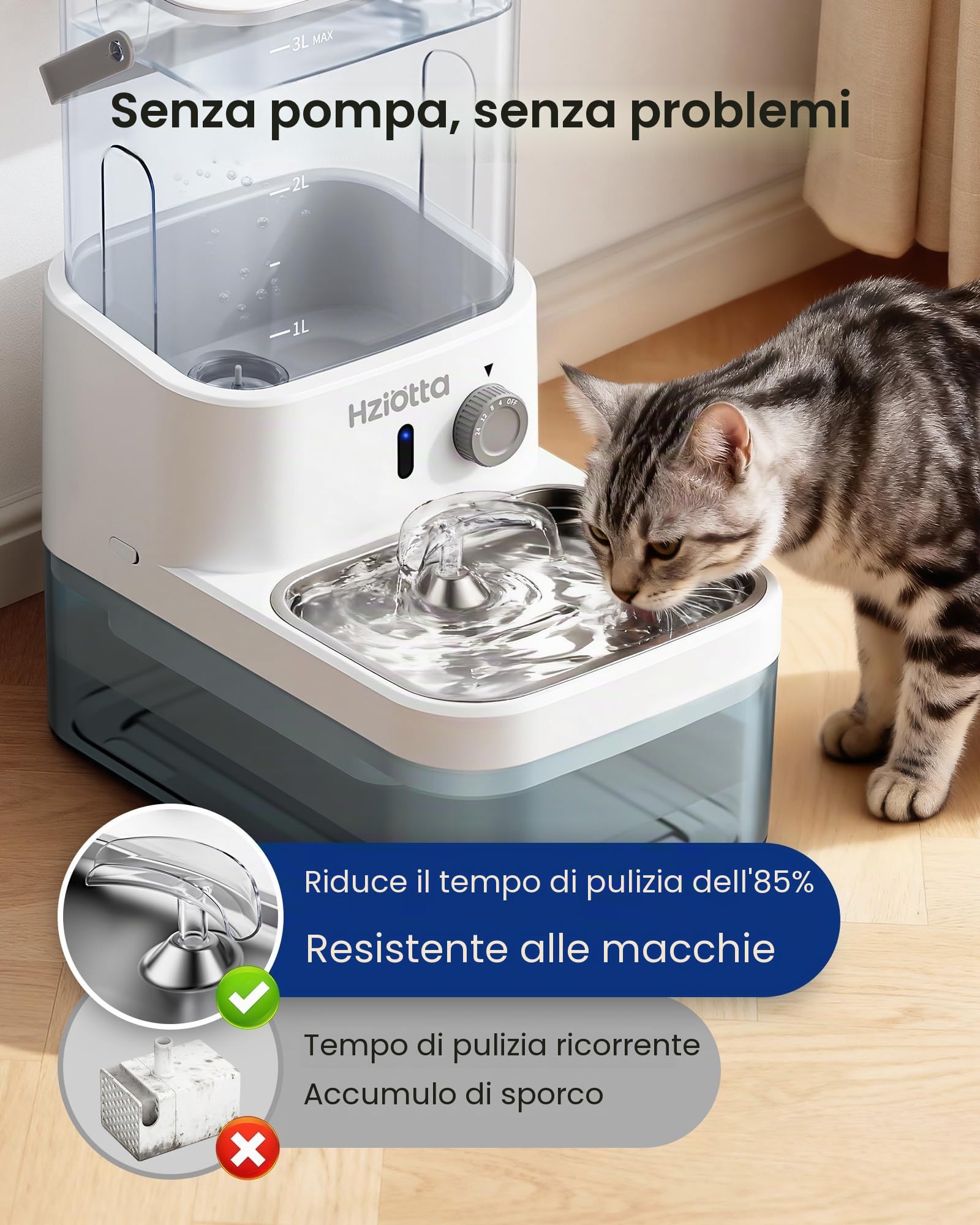 Fontanella per Gatti Senza Filtro Hziotta, 4000mAh 25+ Giorni, 3L Fresca & 2.7L di Scarico Separati, Ultra Silenziosa con Sensore Radar per Gatti e Cani