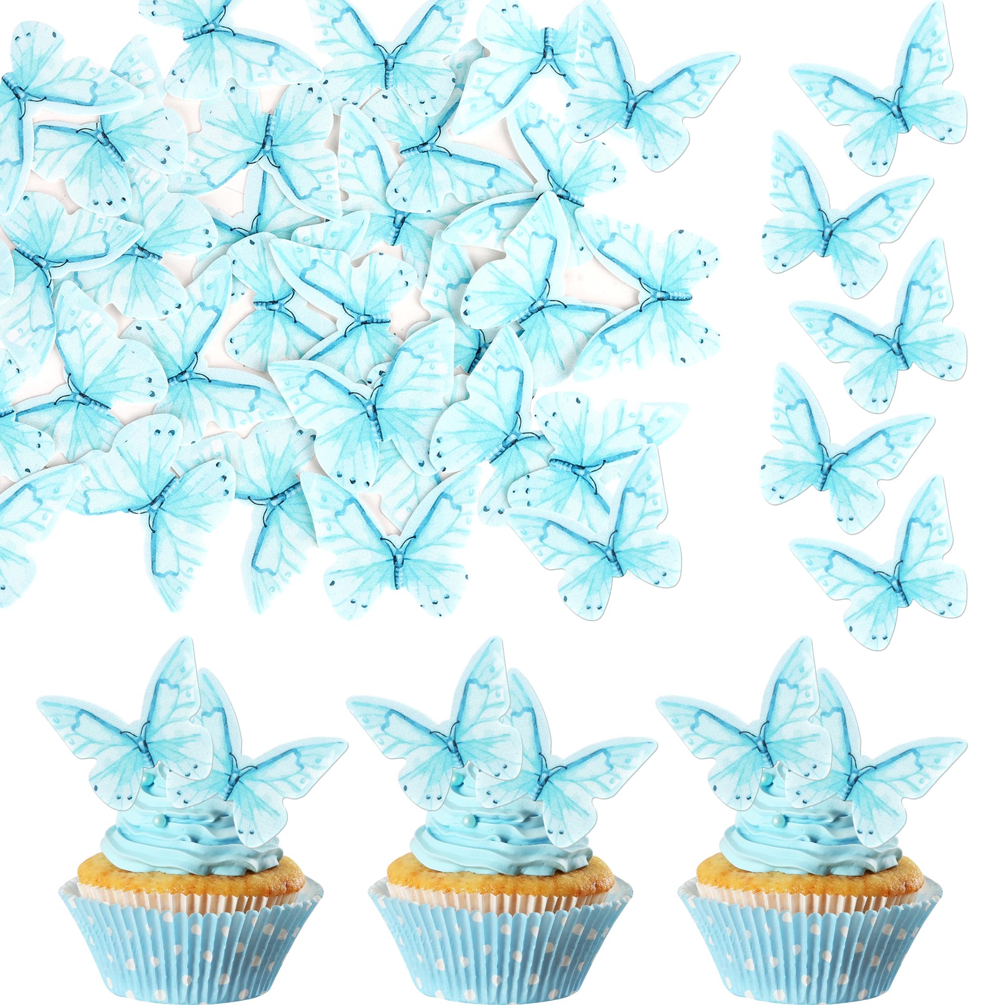 48 PCS Edible Butterfly Cupcake Toppers Wafer Paper Butterflies Cake Decorations Edible Butterfly Cupcake Picks for Butterfly Theme Baby Shower Wedding Birthday Party Food Decorations Supplies Blue