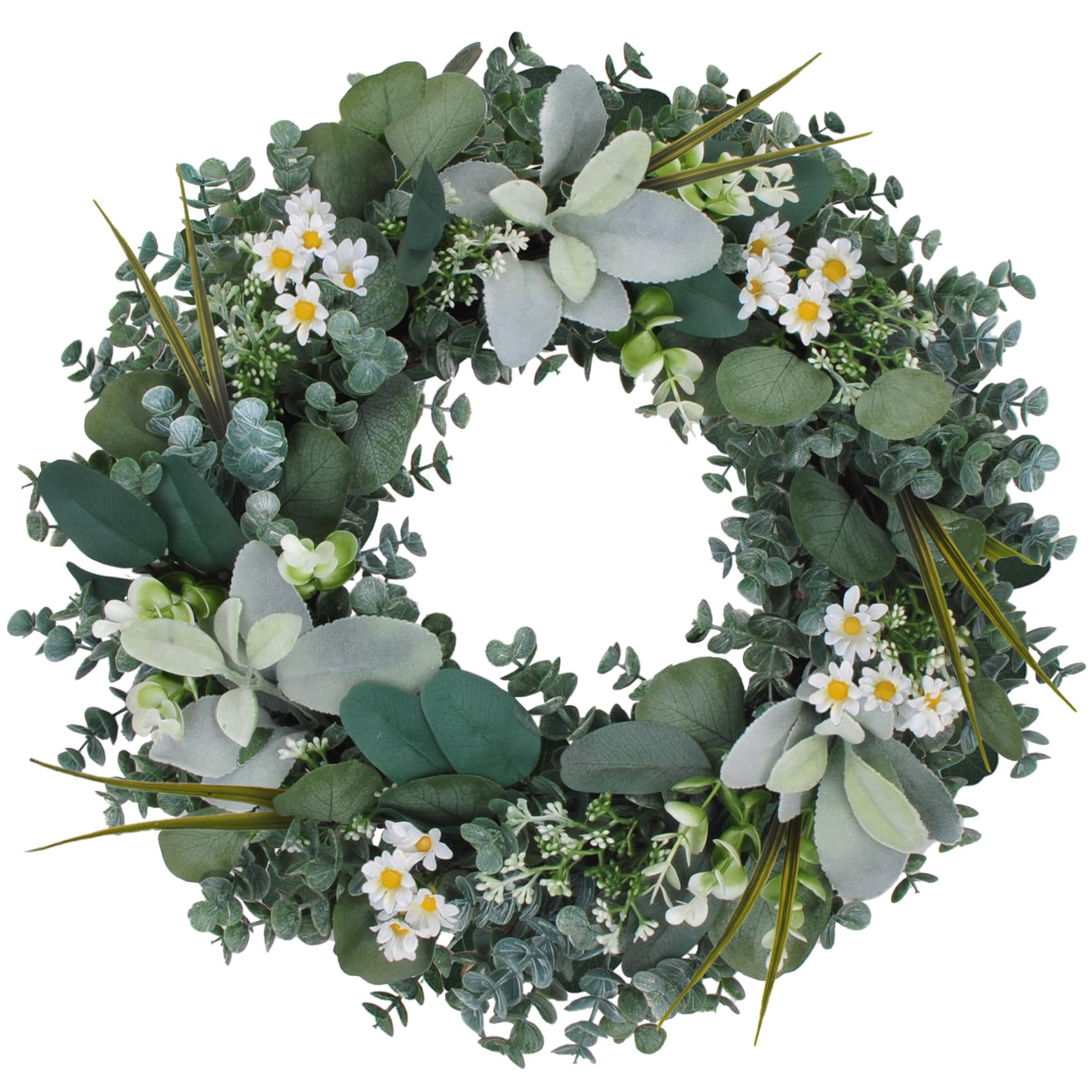 Green Eucalyptus Wreath,18''Artificial Wreaths for Front Door, Year Round Greenery Wreath with Eucalyptus Boxwood Leaf Little Daisy Lambs Ear for Home,Outside Spring/Summer,All Seasons-Indoor/Outdoor,similar