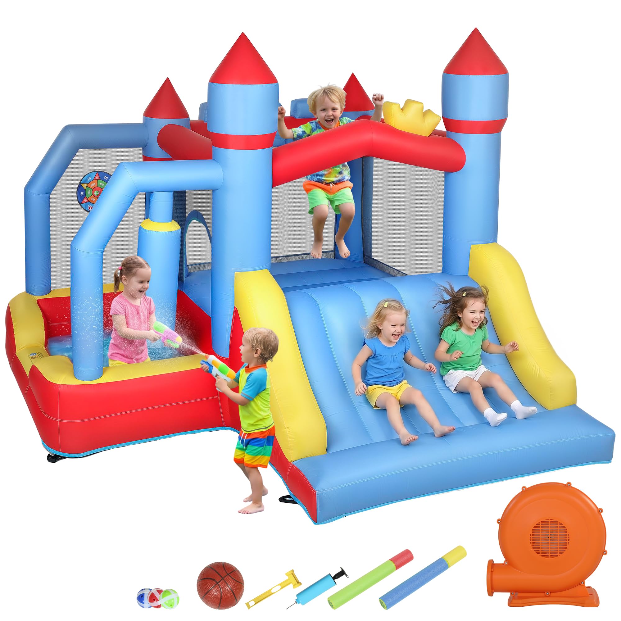 AIYAPLAY Castillo Hinchable para Niños con Soplador 3-8 Años 277x270x215 cm | Castillo Hinchable con Tobogán, Zona de Salto, Piscina, Pilar de Boxeo, Aro de Baloncesto, Interior, Exterior