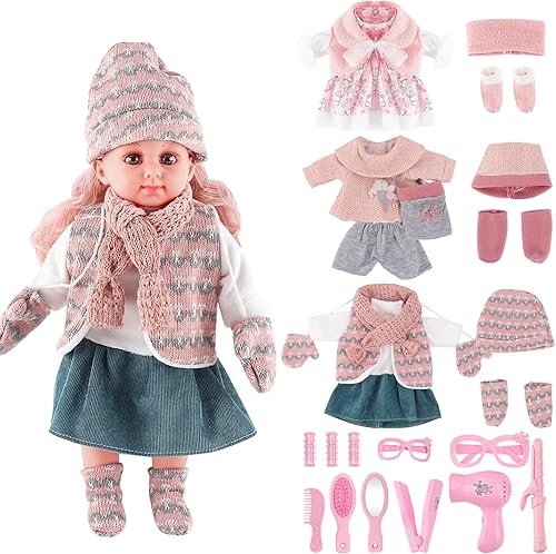 deAO Set de juego de muñeca de bebé de 14 pulgadas con 3 ropa y accesorios para niña, regalo para cumpleaños y Navidad, L
