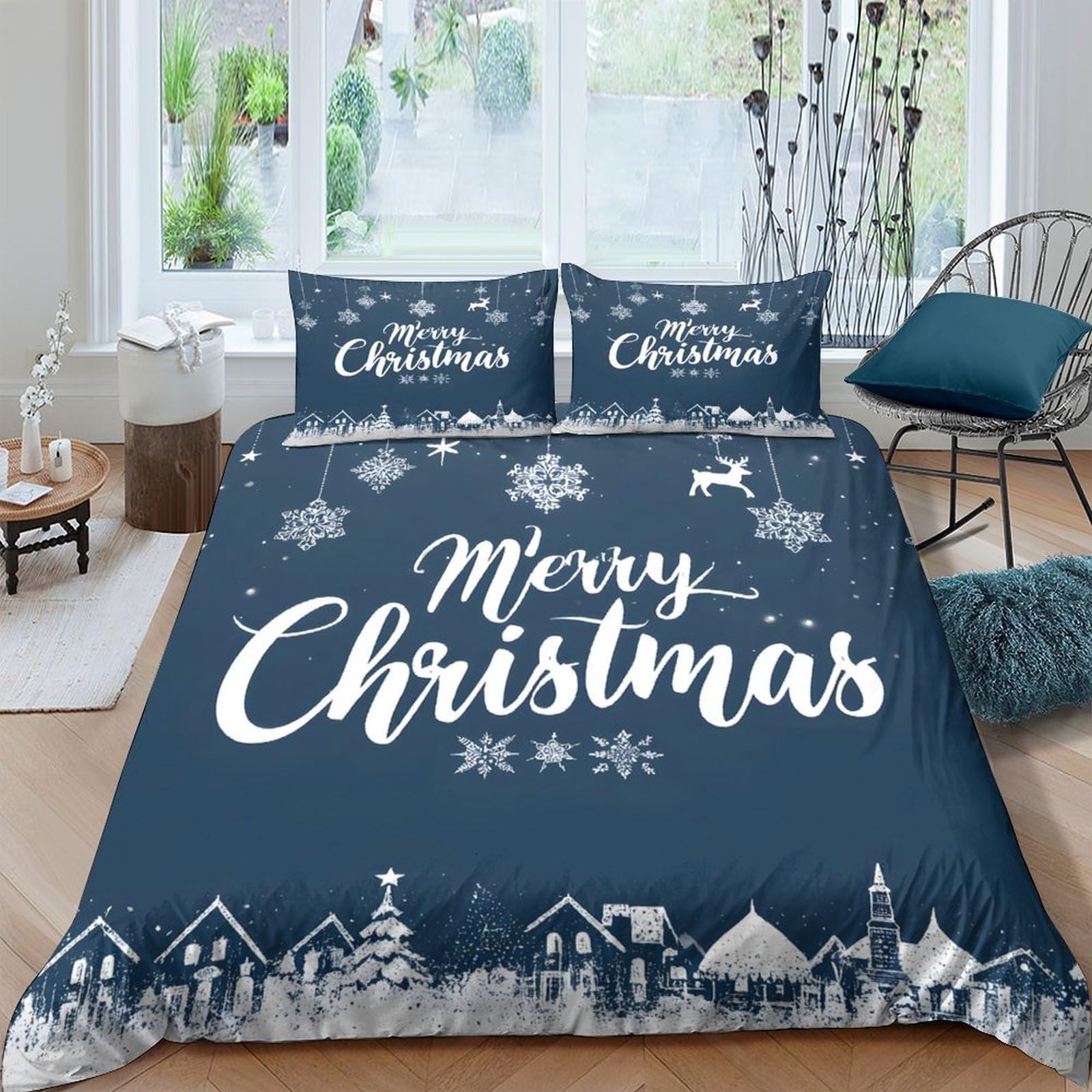 Ctjqhvkz Style-2 3D Printed Merry Christmas Fitted Sheet Microfiber Winter Village Bed Cover For Bedroom Dorm Easy Care Decoration Single（135X200cm）