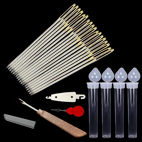 80 agujas de punto de cruz, agujas de coser doradas grandes para bordar a mano con enhebrador, desenganchador de hilo para costuras de cruz (tamaño