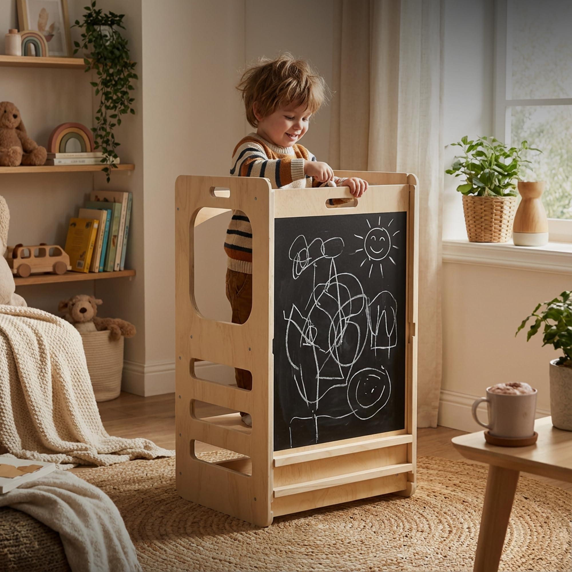 Deryan Tour d Observation Enfant Montessori - Stable & Sécurisée, Hauteur réglable sur 3 Niveaux - Tour d'apprentissage - Fabriqué en Europe - 90 cm - Learning Tower/Toddler Tower - Naturel