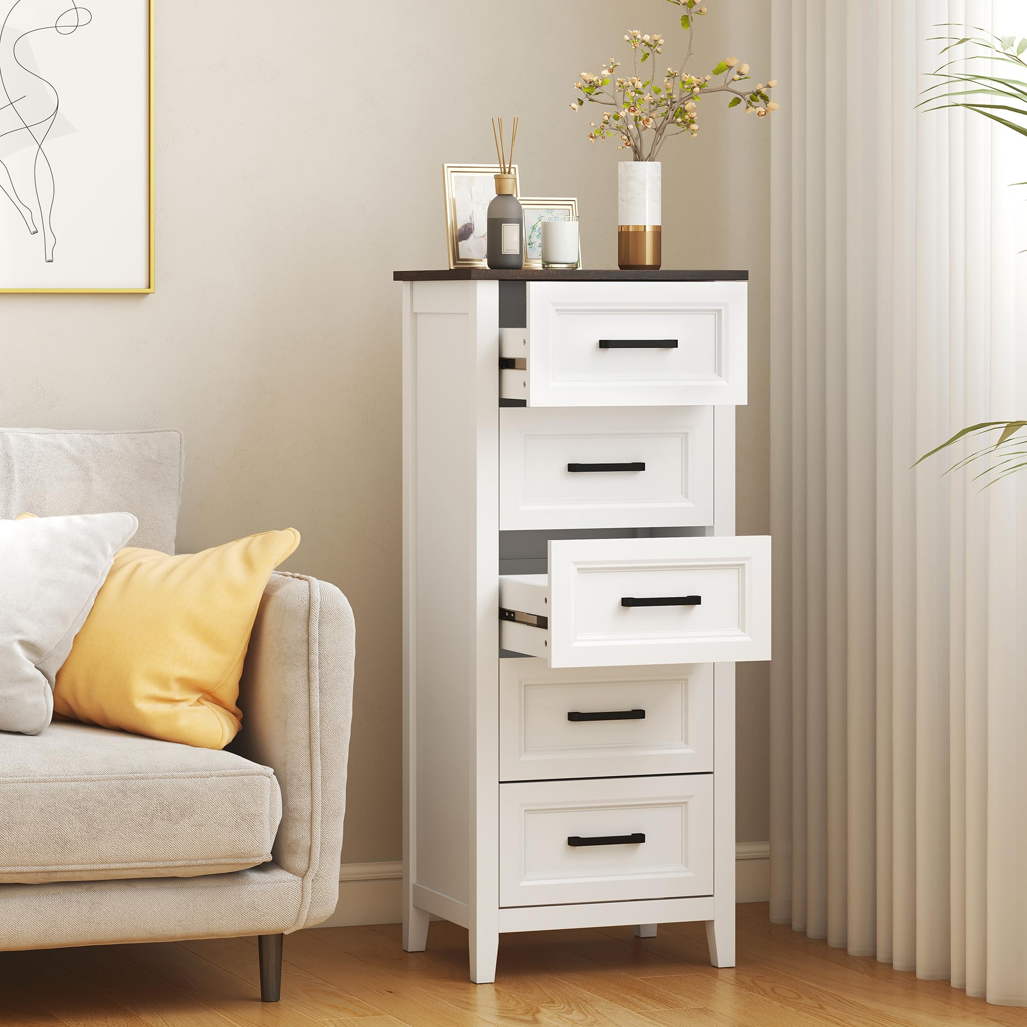 HOMCOM Cómoda 5 Cajones, Cómoda Dormitorio Estrecho y Alto con Encimera Efecto Madera, Cajonera para Espacios Pequeños, Salón, Oficina, 45x35x106 cm, Blanco