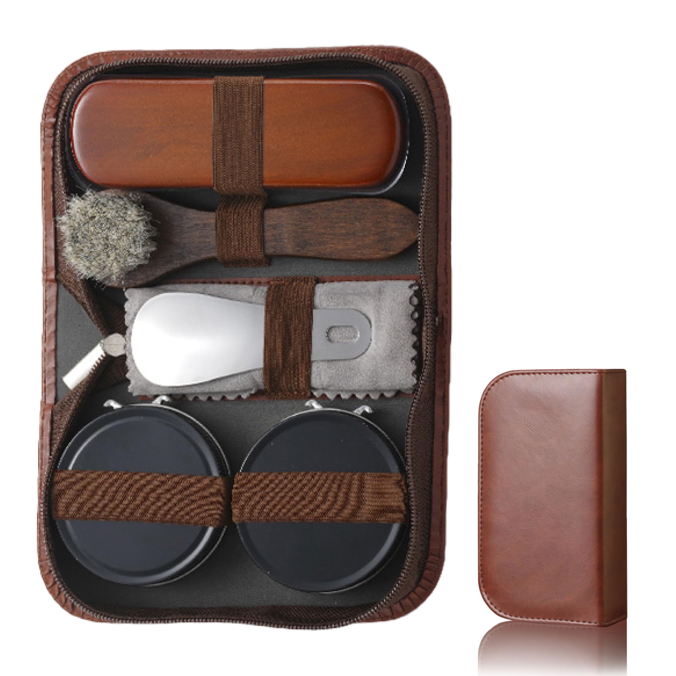 Premium Schuhpflegeset mit mittelgroßer Rosshaarbürste, runder Bürste, schwarz-weißer Schuhcreme, Poliertuch, Schuhlöffel und eleganter Aufbewahrungsbox – sehr geeignet für Reisende zu Hause
