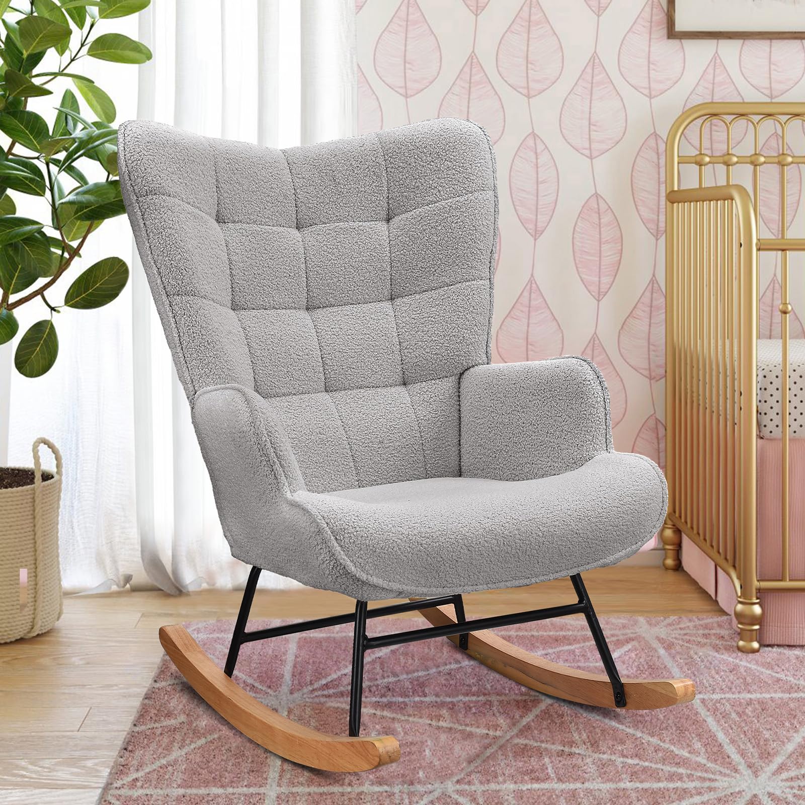 Fauteuil à bascule - Fauteuil de relaxation - En tissu peluche - Fauteuil à bascule - Fauteuil de salon - Structure en bois massif et métal - Avec dossier haut - Charge maximale : 130 kg -