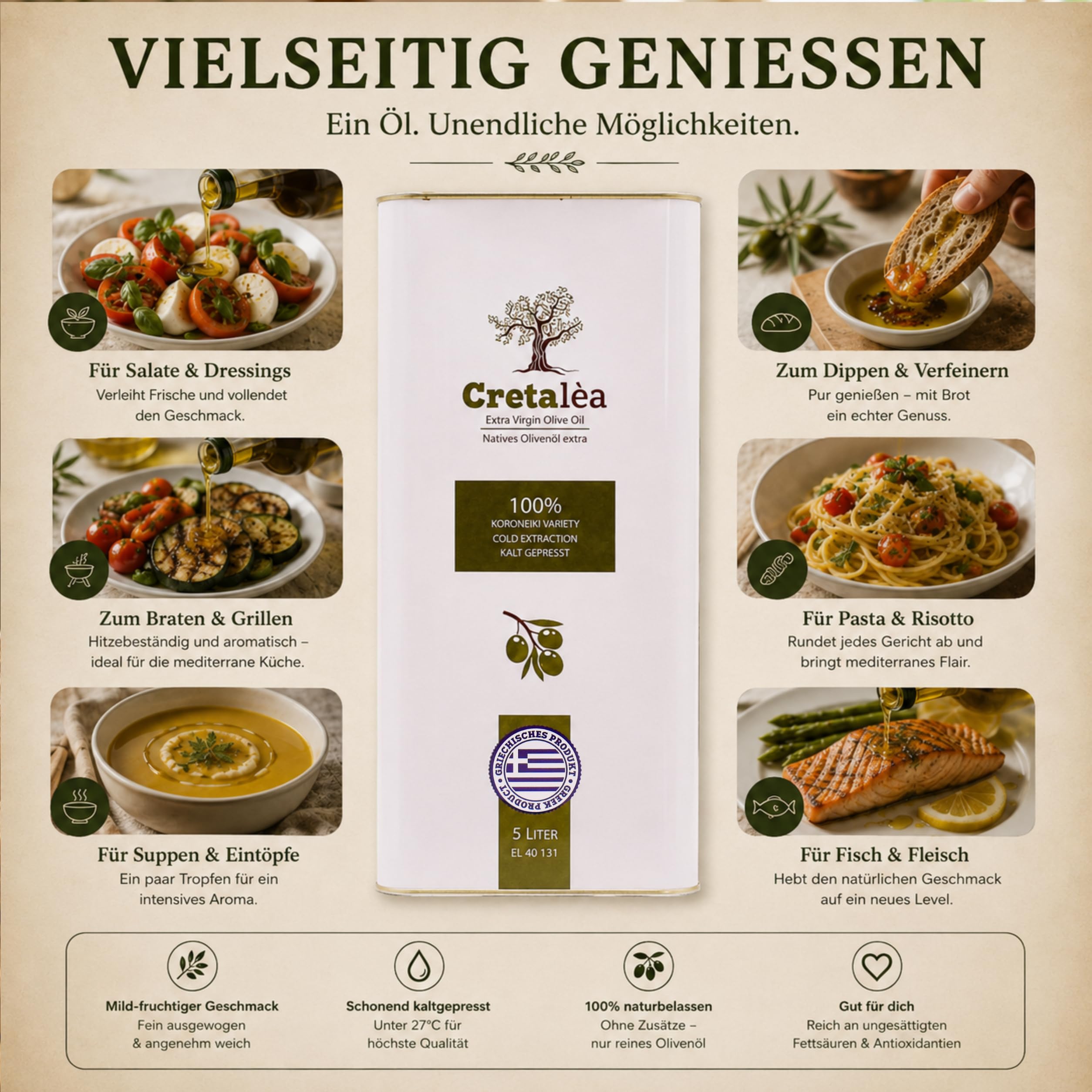 Olivenöl 5 Liter Extra Nativ – Kaltextrahiert aus Kreta - Erste Güteklasse | Singvogelgeschützt