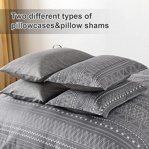 Miniatura 5 de WONGS BEDDING Juego de edredón bohemio gris tamaño Queen, cama gris oscuro en una bolsa, edredón de 7 piezas con textura a rayas, juego de ropa de