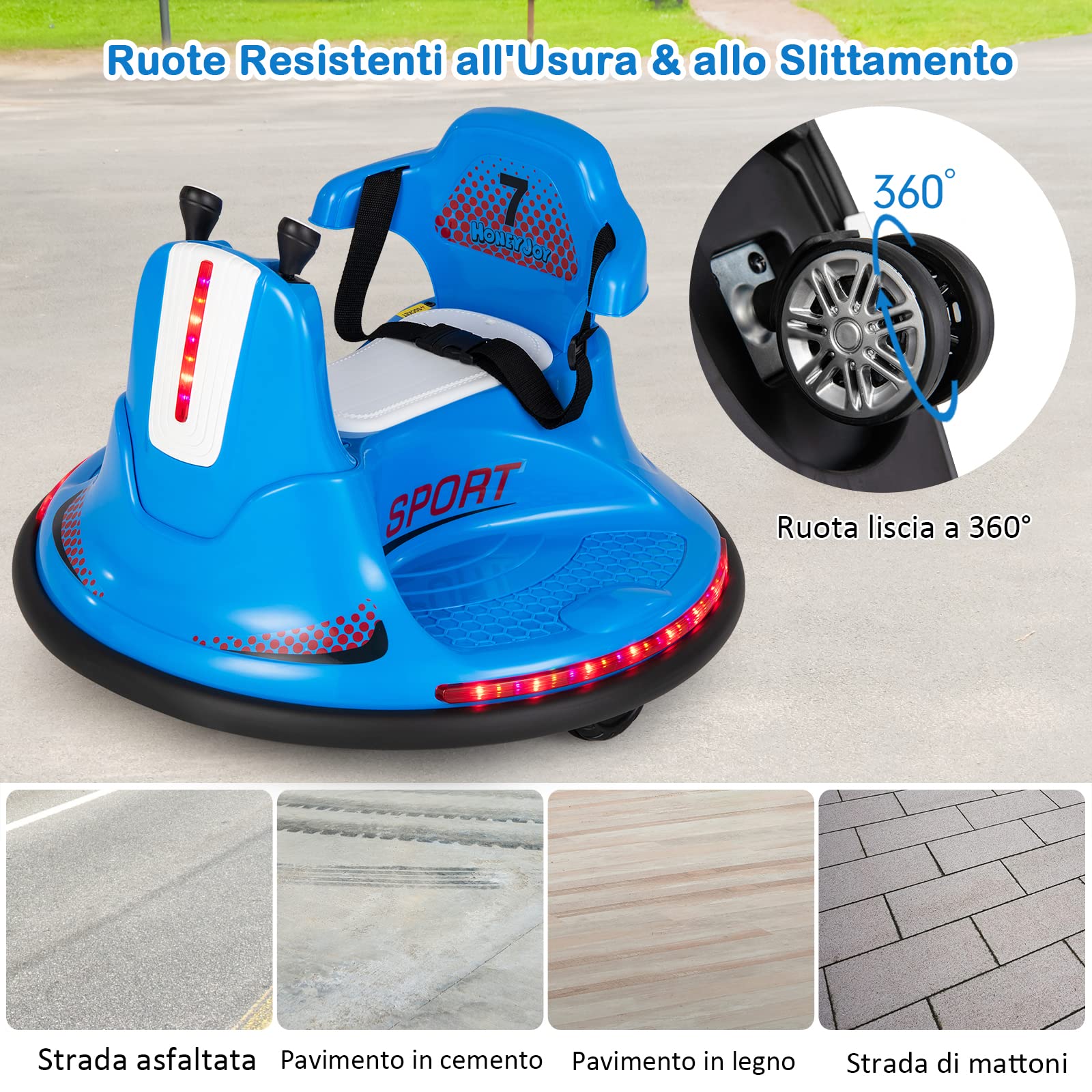 COSTWAY 6V Autoscontro Elettrico per Bambini, Veicolo Elettrico con Telecomando, Girevole a 360°, Luci LED Colorate e Cintura di Sicurezza Regolabile, 37-95 Mesi (Blu)