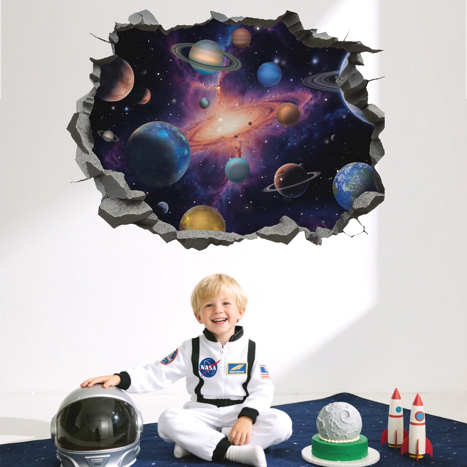 TOARTi Space Astronauts Wall Stickers,Purple 3D Planets Rockets Wall Art Decals for Boys Bedrooms,Solar System Mural Vinyl Removable Sticker for Nursery - Image 3