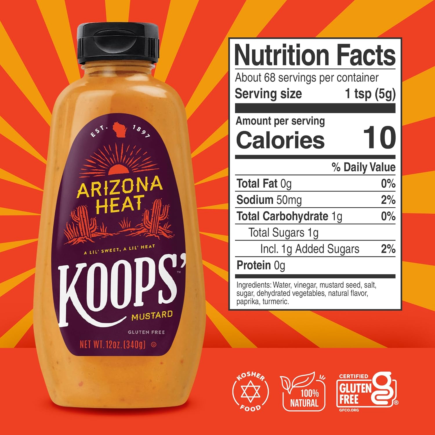 Koops' Arizona Heat Mustard – Sweet and Spicy Mustard, Gluten-Free, Kosher, Made in USA, From Quality Mustard Seeds, Hot Mustard Sauce – 12 Oz, Pack of 4