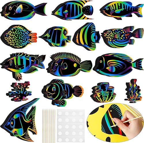 Liliful 60 tarjetas de rascar de peces tropicales, manualidades para niños con bolígrafo de madera bajo el mar, recuerdos de fiesta para