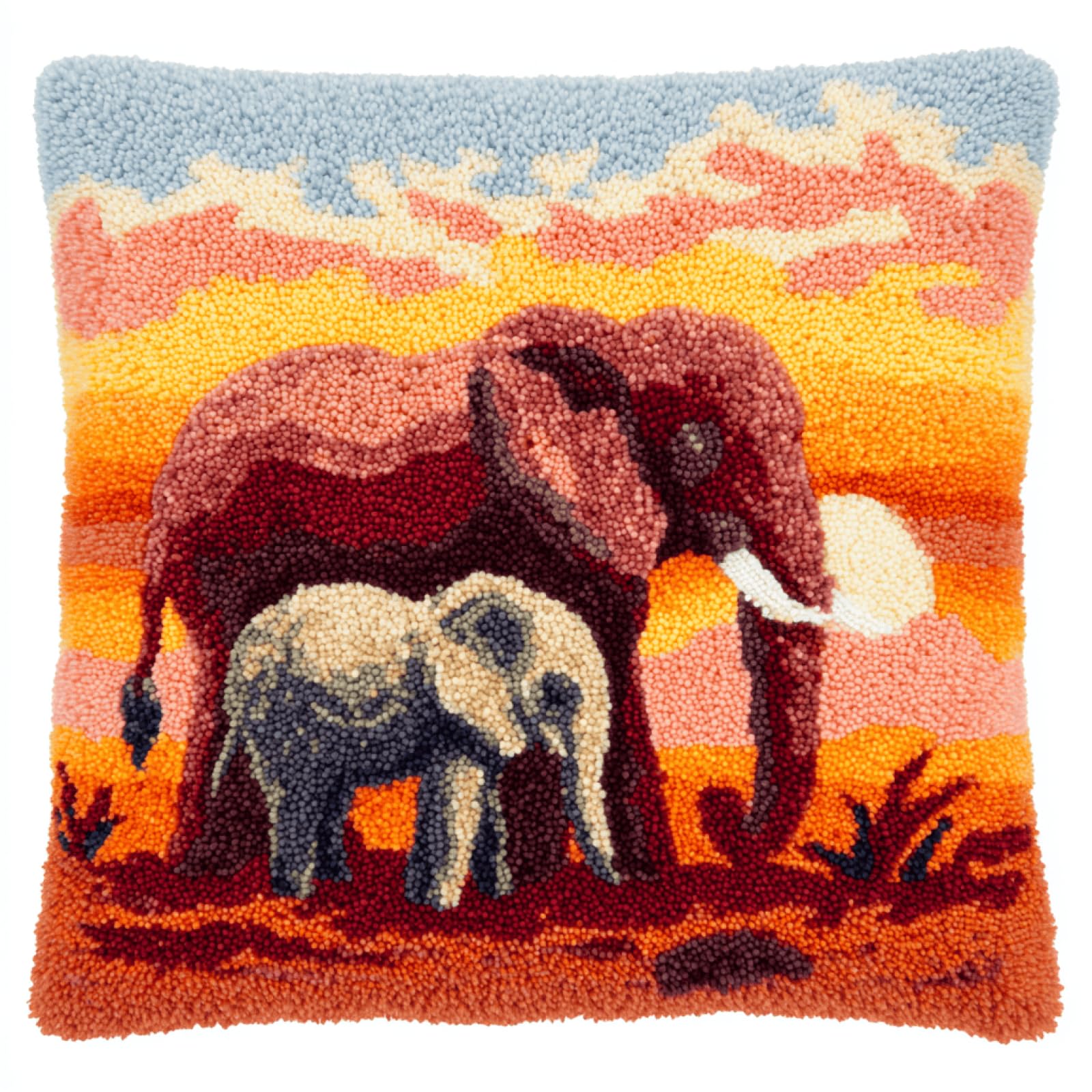 XDEGHUANGSS DIY Latch Hook Cushion Kit - Elephant Father and Son Pattern Pillow Cover for Beginners,Handmade Yarn Latch Hook Pillowcase Sofa Cushion Material Pack,Home Decor Gift Set,43x43 cm