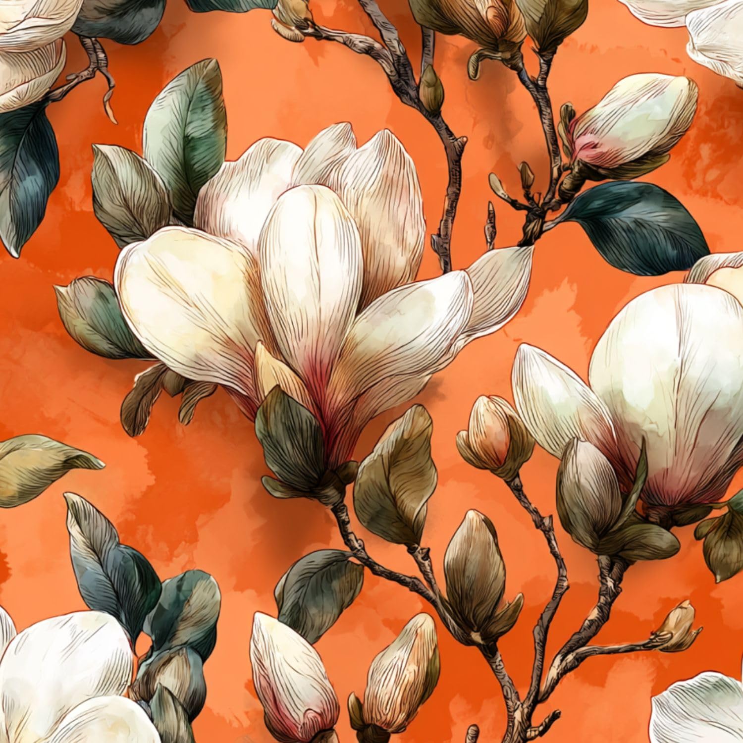 Rivestimento autoadesivo per mensole e armadietti, fiori di magnolia bianchi e arancioni, foglie e rami, 45 cm x 3 m, carta da parati autoadesiva per mobili da cucina e cassetti