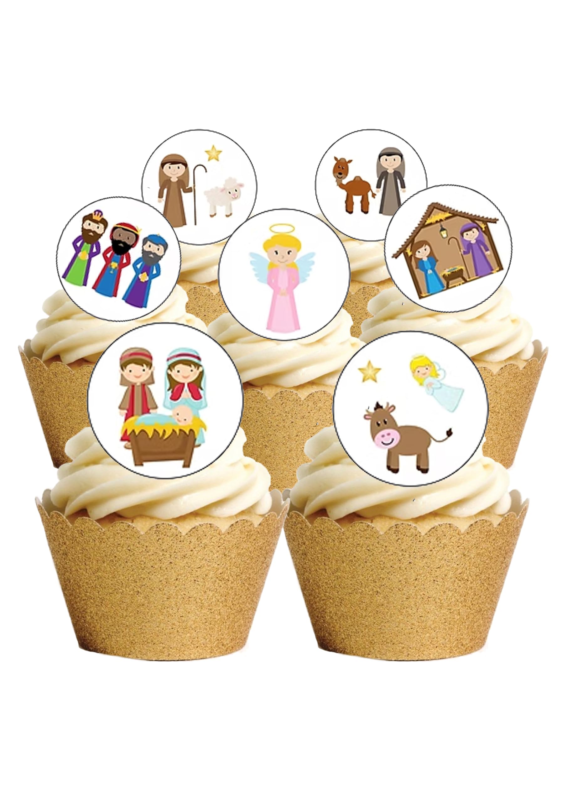 24 PRECUT Childrens Christmas Nativity Edible Wafer Paper Round Cake Toppers Decorations